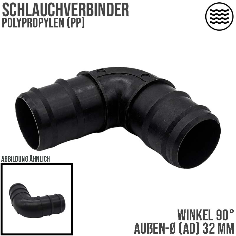 32 mm Winkel 90° PP Schlauch Tülle Stutzen Verbinder Pool Schlauch schwarz - PN 4 bar