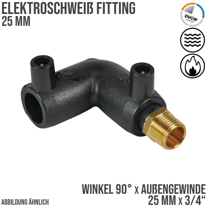 25 mm PE 100 Elektro Schweiß Fitting Winkel 90° x Außengewinde 25 mm x 3/4" SDR 7,4 DVGW 24 VAC schwarz