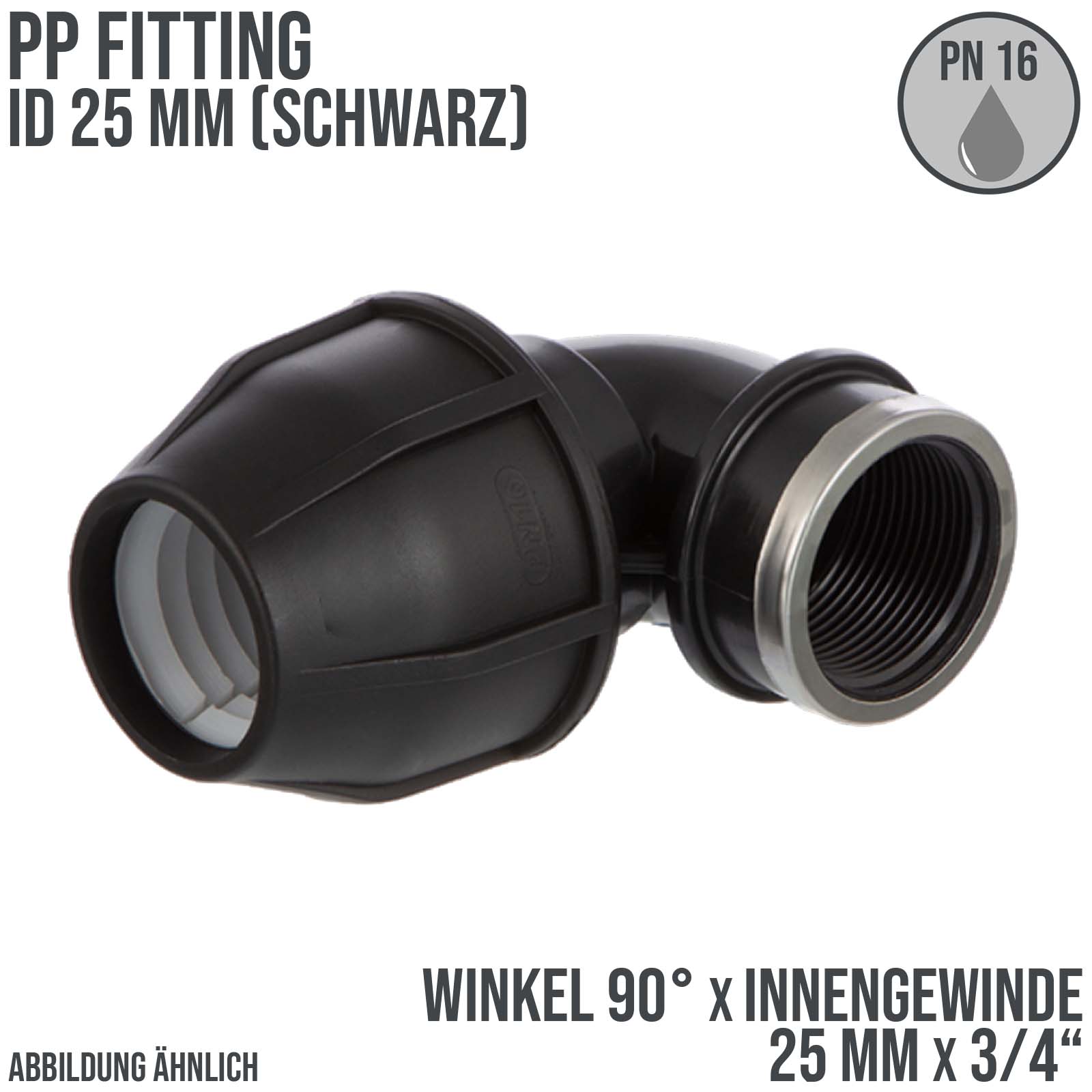 25 mm x 3/4" PE PP Fitting Klemm Verbinder Verschraubung Rohr Winkel 90° x IG schwarz - PN 16 bar 