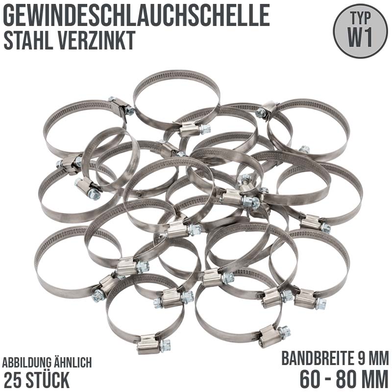 60 - 80 mm Schlauchschelle W1 Stahl verzinket Rohr Gewinde Schelle (Band 9 mm) - 25 Stück