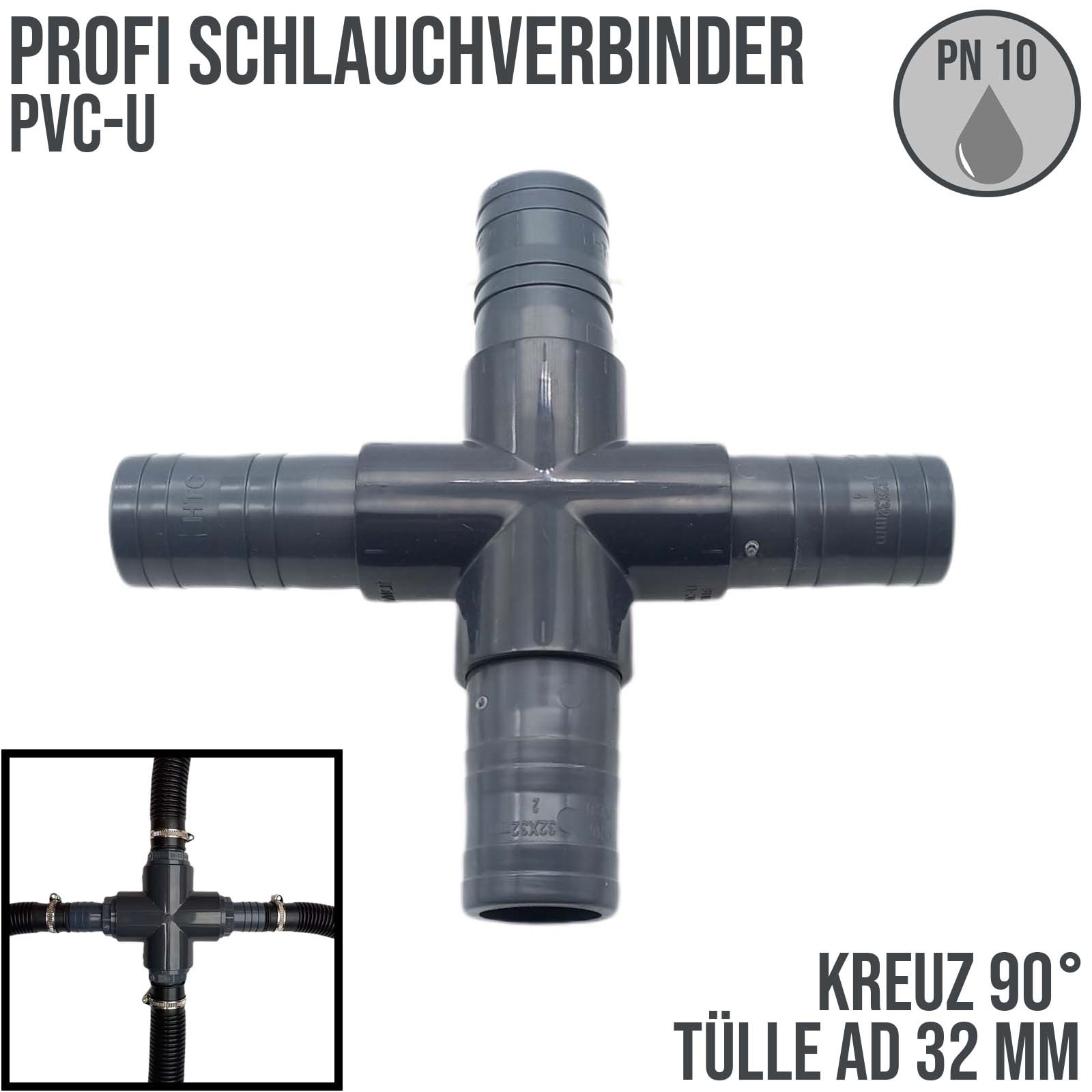 32 mm PVC PROFI Kreuz 90° Schlauch Verbinder Stutzen Tülle Pool Teich Garten - PN 10 bar