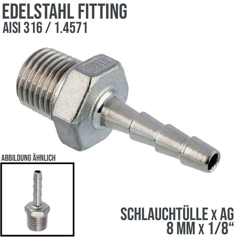 8 mm x 1/8" Zoll Schlauch Tülle Stutzen Außengewinde AG Nippel Edelstahl AISI 316 VA  Fitting - PN 20 bar