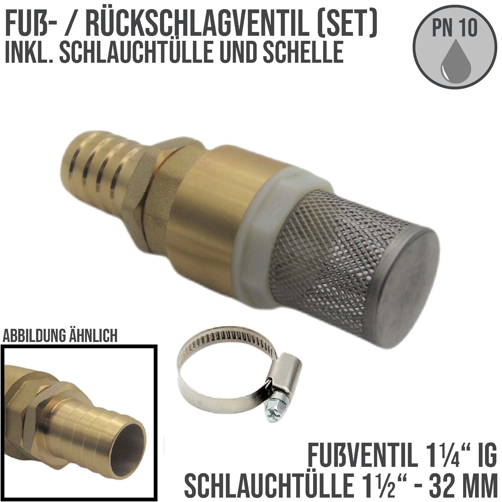 1 1/4" Zoll Fuß Rückschlag Ventil Saugkorb mit 32 mm Schlauchtülle Messing
