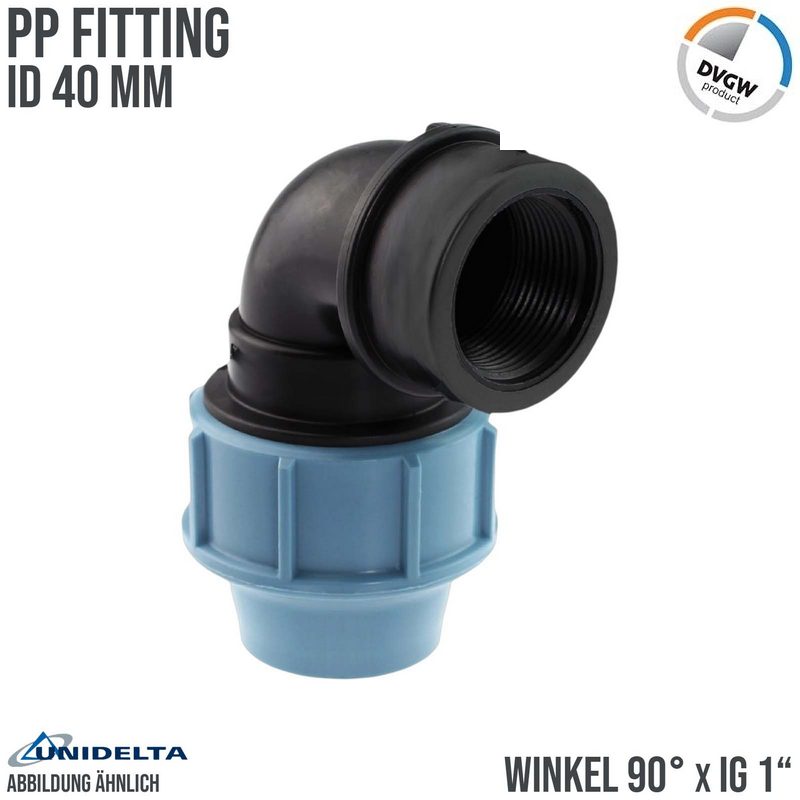 40 mm x 1" PE PP Fitting Klemm Verbinder Verschraubung Rohr Winkel 90° x IG DVGW - Unidelta