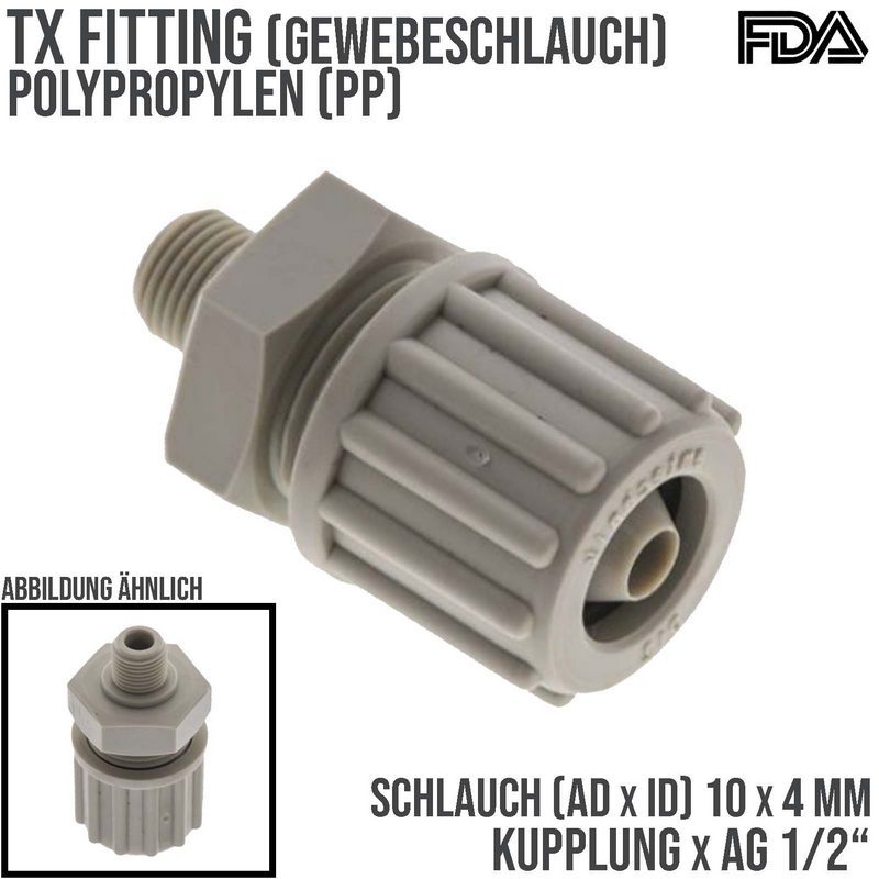 10 x 4 mm x 1/2" Kupplung Außengewinde TX Fitting Gewebe Schlauch Verbinder FDA PP beige - PN 10 bar