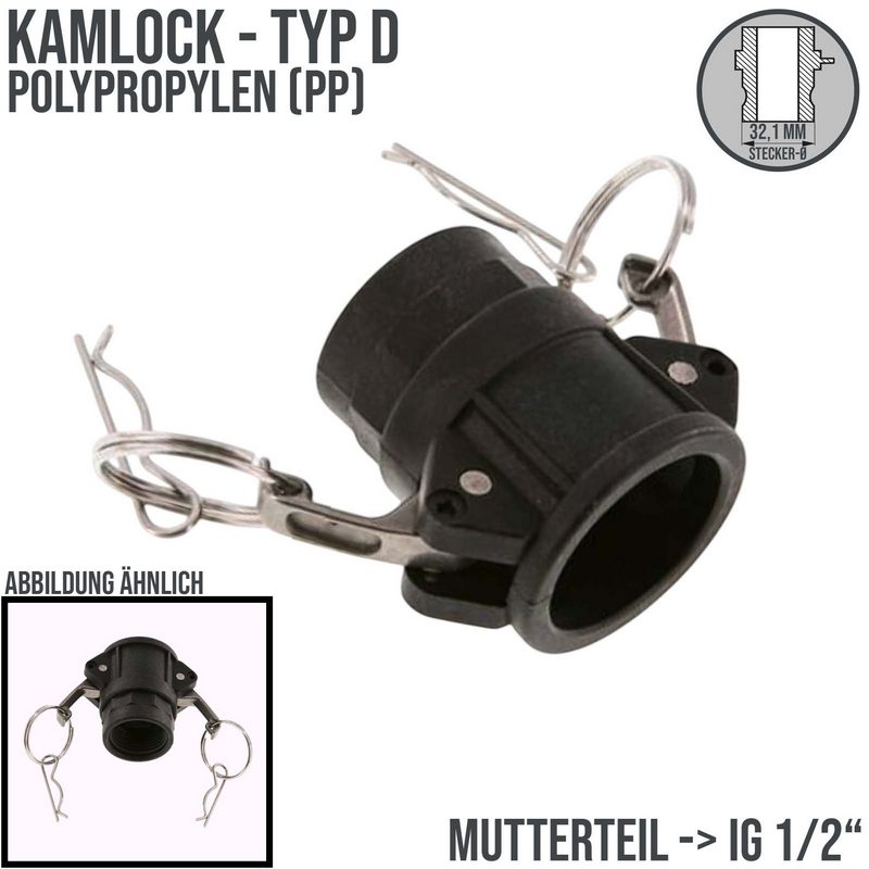 Kamlock Typ D - Mutterteil Polypropylen PP mit Innengewinde (IG) für Stecker 32,1 mm - 1/2" Zoll DN20 - PN 8,5 bar