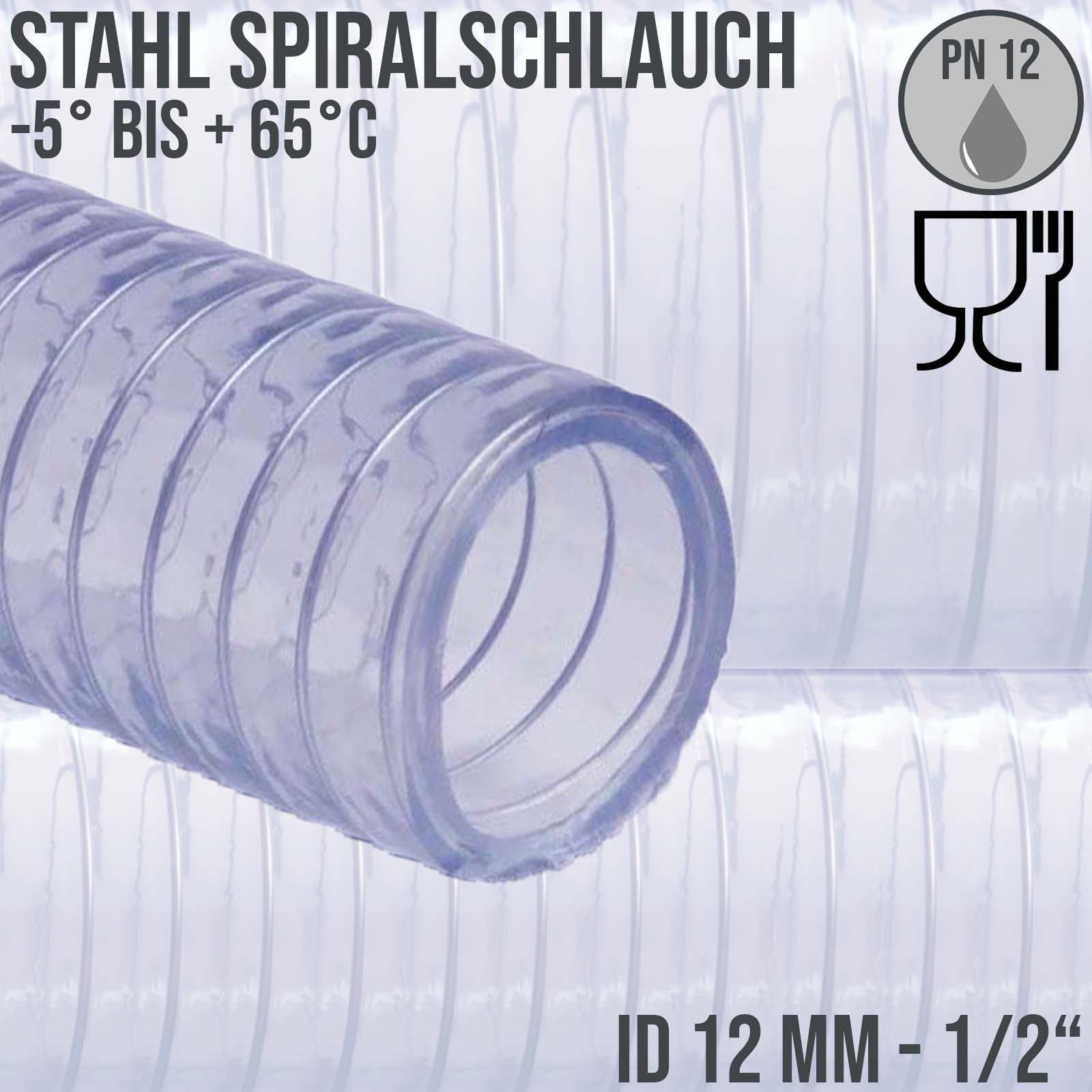 12 mm 1/2" Zoll Saug Ansaug Druck Abwasser Pumpen Schlauch Stahlspirale transparent PN 12 bar