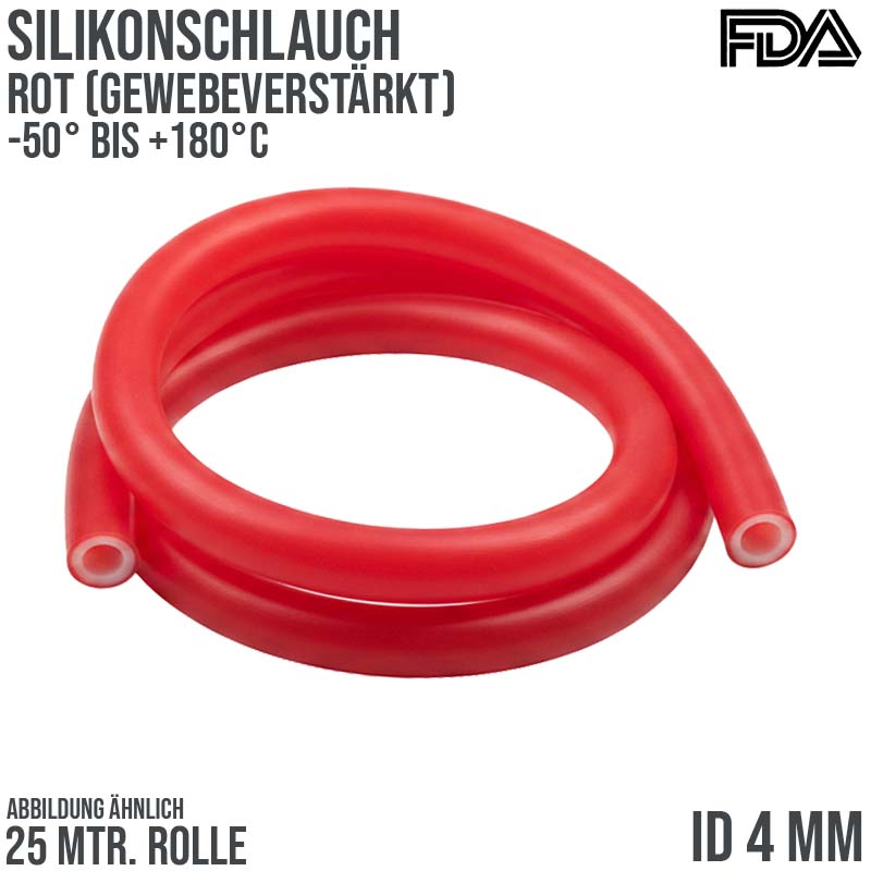 4 x 10 mm Silikon Silicon Schlauch Gewebe rot talkumiert lebensmittelecht FDA PN 20 bar - 25m