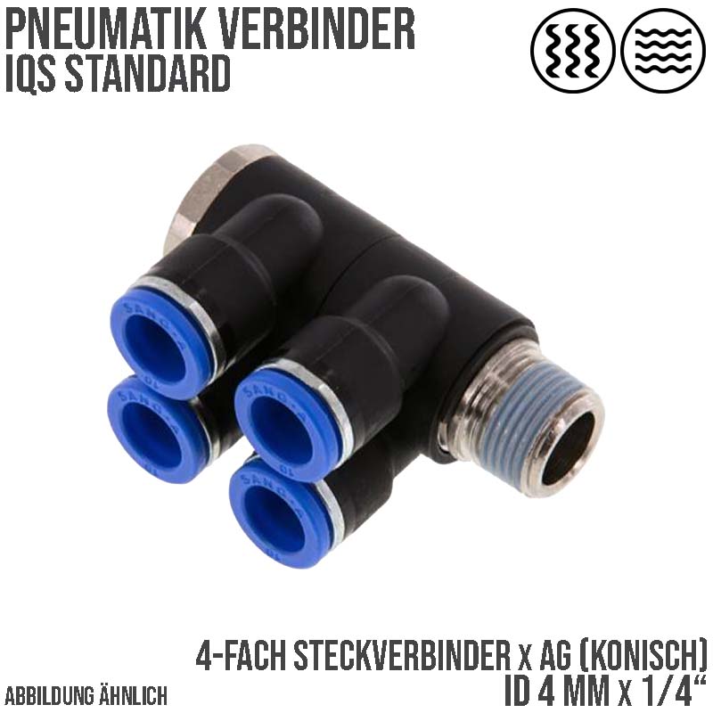 4 mm x 1/4" Pneumatik Steck Verbinder 4-fach Verteiler IQS Außengewinde konisch - PN 20 bar