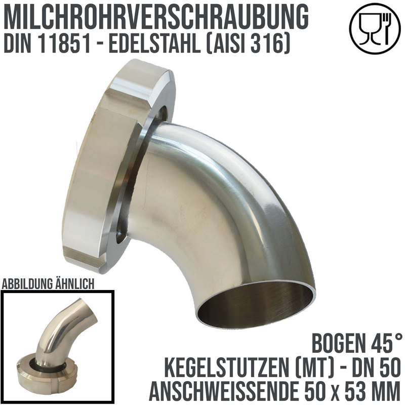 DN 50 Milchrohr Verschraubung DIN 11851 Mutterteil 45° Bogen Kegel Stutzen ÜWM Anschweißende ID x AD 50 x 53 mm - PN 25 bar