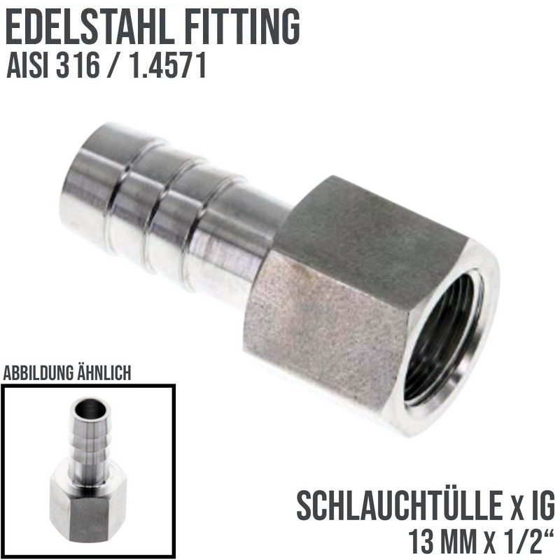 1/2" x 13 mm Schlauch Tülle Stutzen Innengewinde IG Nippel Edelstahl AISI 316 VA Fitting - PN 20 bar
