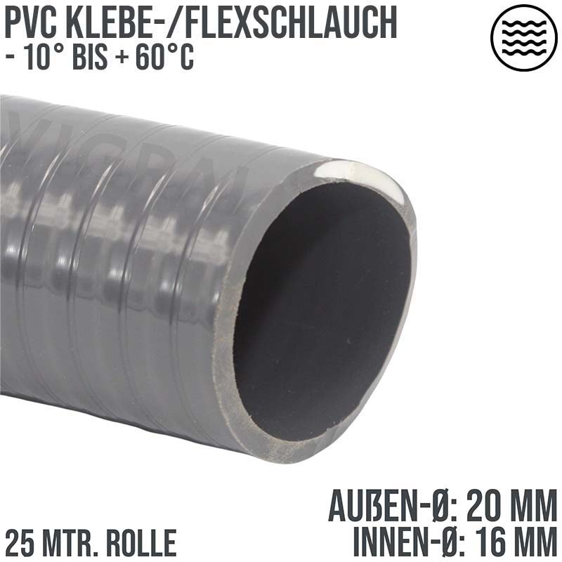 20 x 16 mm PVC Klebe Flex Spiral Schwimmbad Pool Teich Schlauch grau PN 7 bar - 25 m