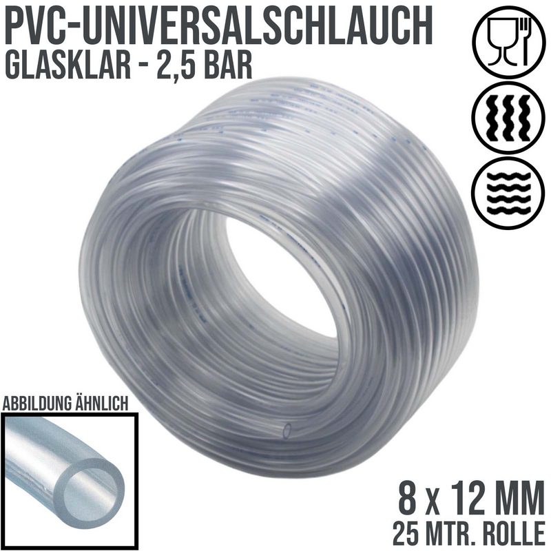 8 x 12 mm PVC Luft Filter Wasser Universal Labor Aquarium Terrarium Schlauch klar durchsichtig - PN 2,5 bar  - 25 m