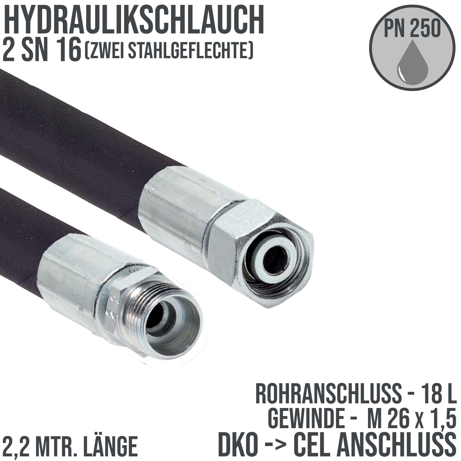Hydraulikschlauch DN 16 2SN16 - 18 L DKO (IG) auf CEL (AG) Anschluss (M 26 x 1,5) - 2200 mm
