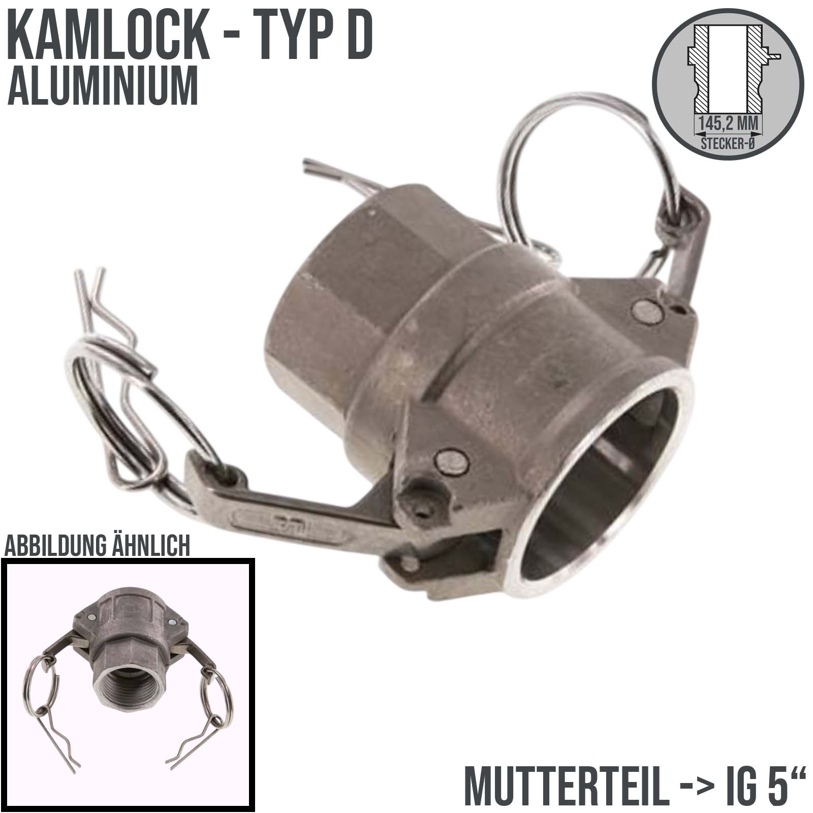 Kamlock Typ D - Mutterteil Aluminium ALU mit Innengewinde (IG) für Stecker 145,2 mm - 5" Zoll DN125 - PN 5 bar