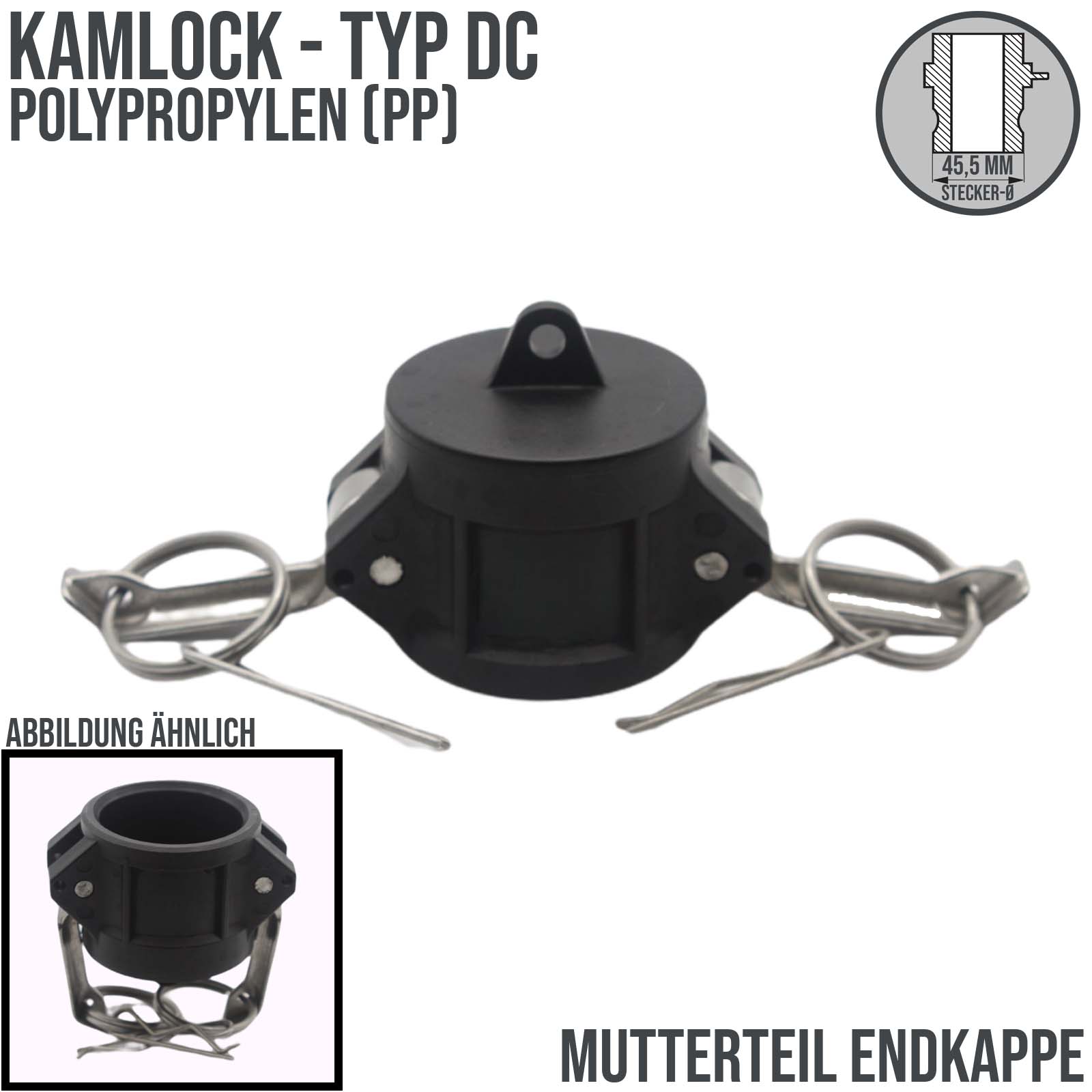 Kamlock Typ DC - End Kappe Polypropylen (PP) Stopfen Verschluss 45,5 mm 1 1/4" Zoll DN32 - PN 6,5 bar