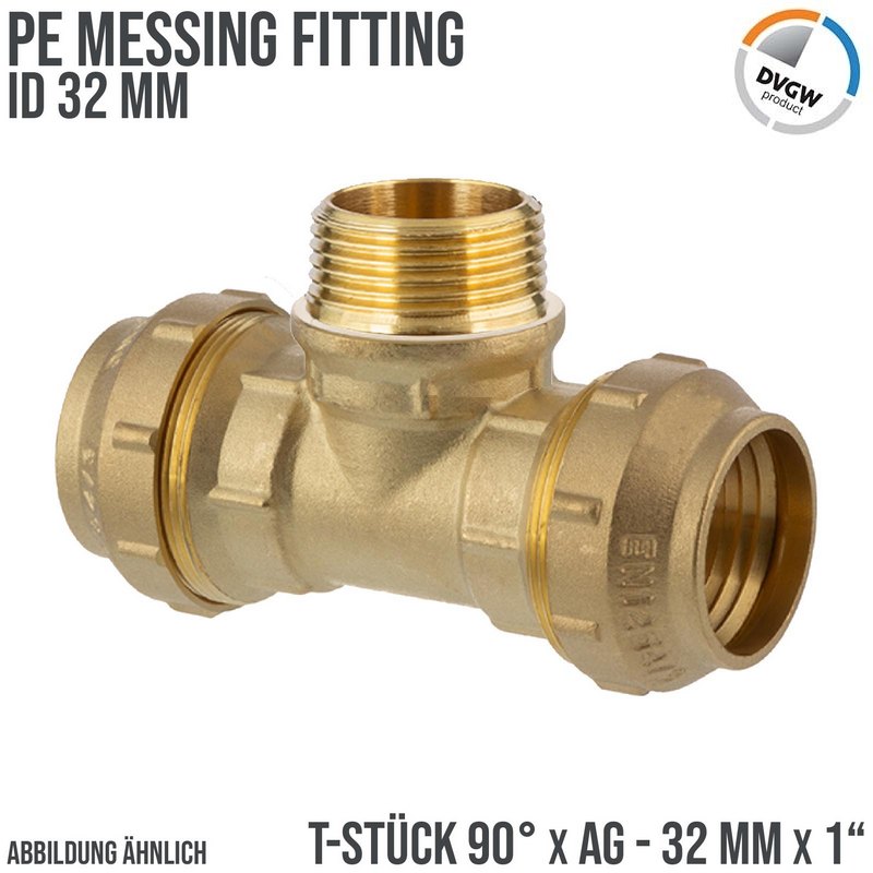 32 mm x 1" PE Fitting Klemm Verbinder Messing Verschraubung Muffe T-Stück 90° x AG DVGW - PN 16 bar