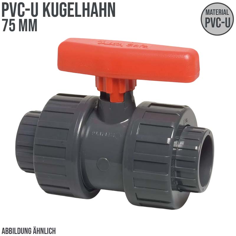 75 mm PVC Kugel Absperr Hahn Ventil beidseitige Klebemuffe Fitting PN 16 bar - roter Griff