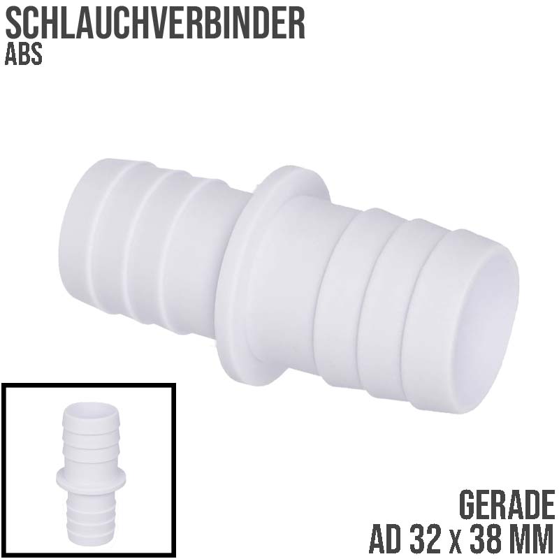 32 x 38 mm ABS Schlauch Tülle Stutzen Reduzierer Doppel Verbinder Pool Schwimmbad Teich - PN 10 bar