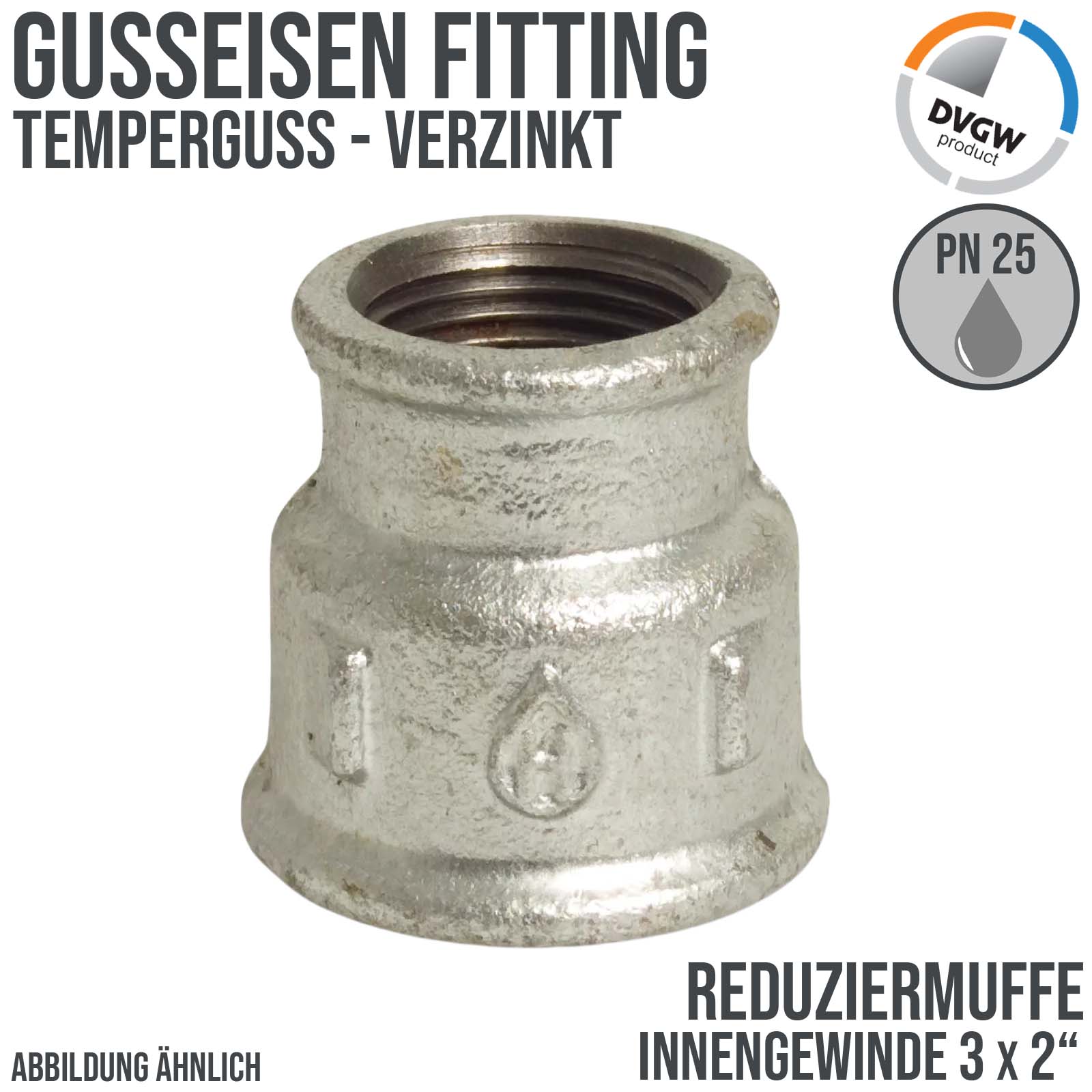 3" x 2" Gusseisen Temperguss Reduziermuffe Nr. 240 Innengewinde IG DVGW PN 25 bar