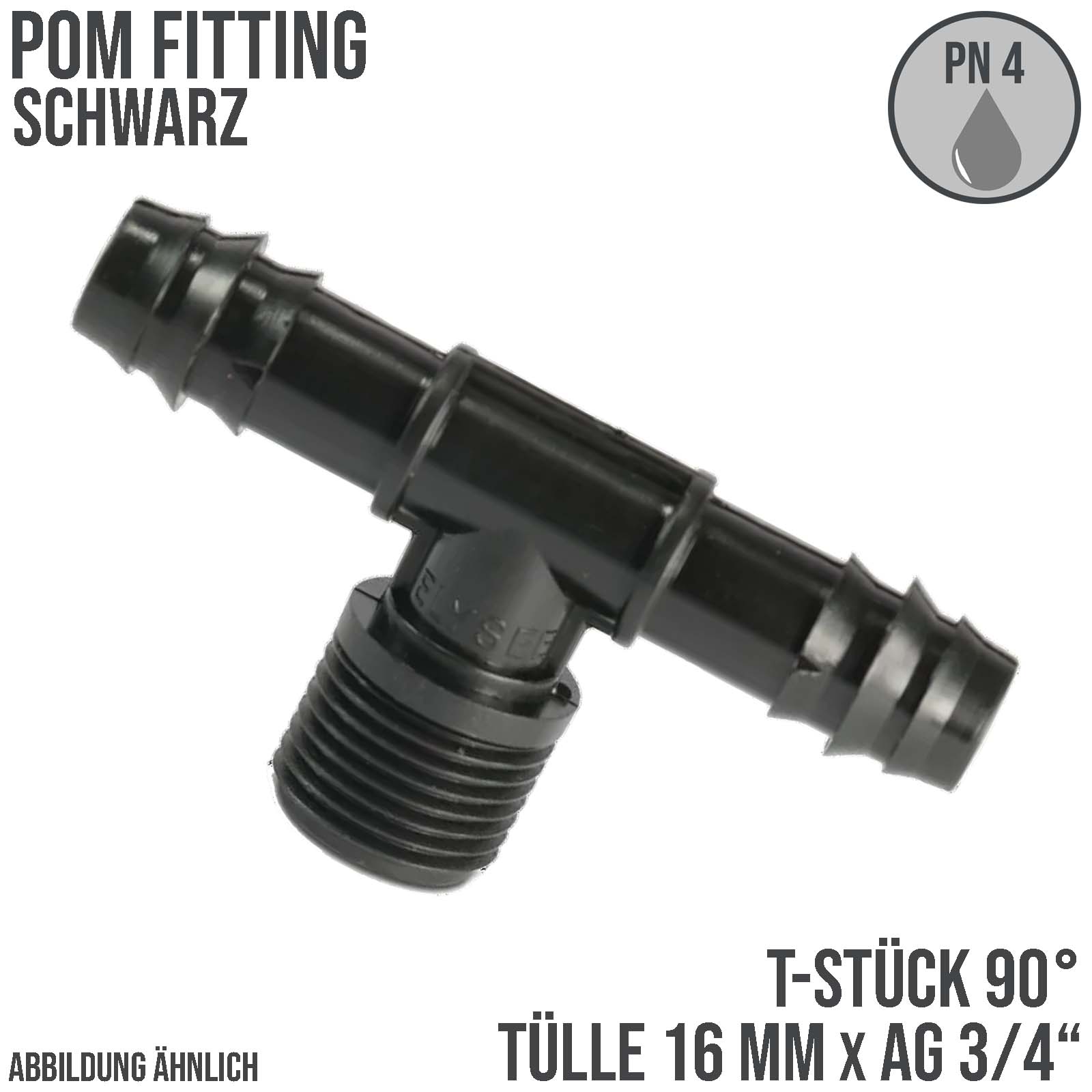 16 mm x 3/4" POM T-Stück 90° Schlauch Verbinder Stutzen Tülle Außen Gewinde AG Tropf Fitting schwarz PN 4 bar