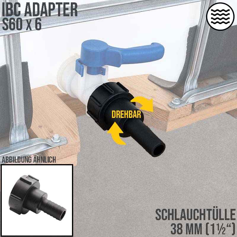 S60 x 6 IBC Adapter Tülle Stutzen drehbar 1 1/2" (38 mm) Container Fass Tank Zubehör PN 10 bar