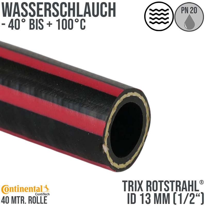 13 mm 1/2" Zoll Hochleistungs Gummi Wasser Schlauch EPDM - CONTI TRIX ROTSTRAHL® PN 20 bar - 40 m Rolle