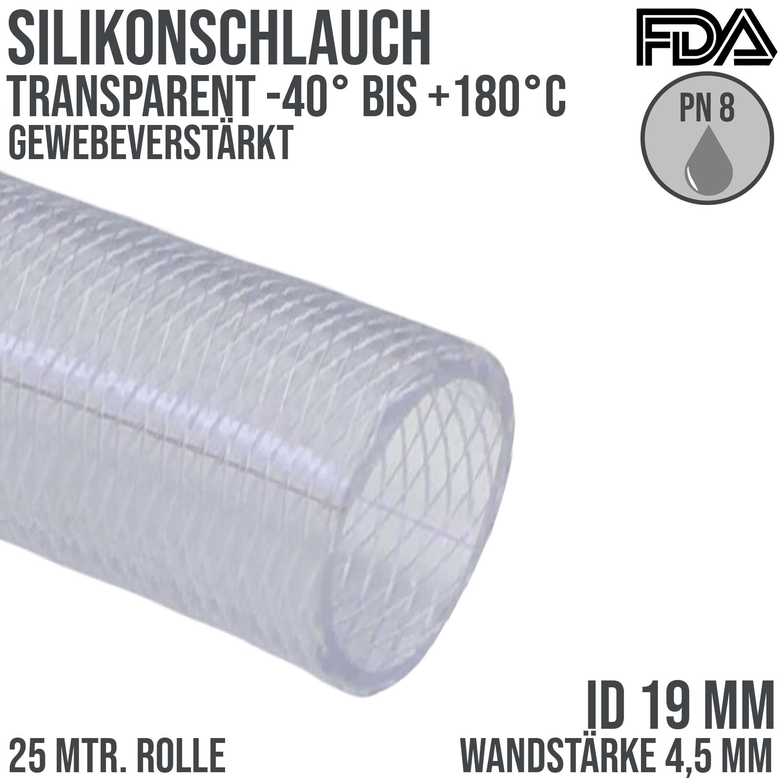 19 x 28 mm Silikon Silicon Schlauch Gewebe transparent lebensmittelecht FDA PN 8 bar - 25 m