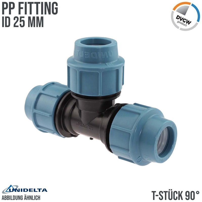 25 mm PE PP Fitting Klemm Verbinder Verschraubung Muffe Rohr T-Stück 90° DVGW - Unidelta