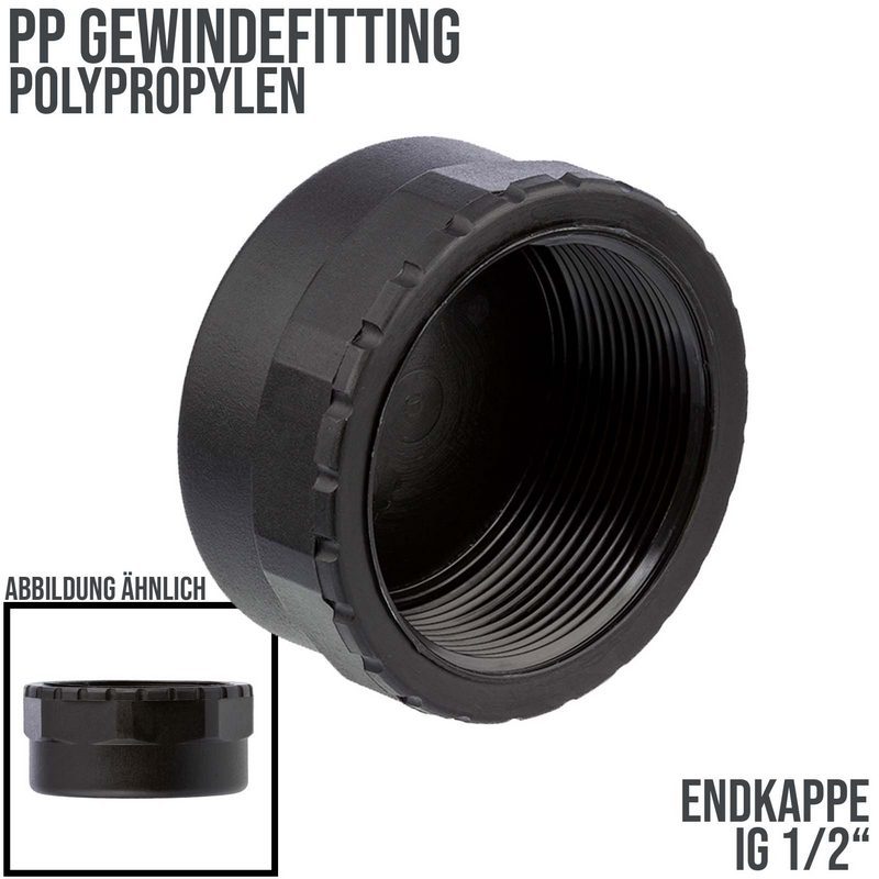 1/2" PP Gewinde Fitting Kappe schwarz Innengewinde IG Polypropylen - PN 10 bar