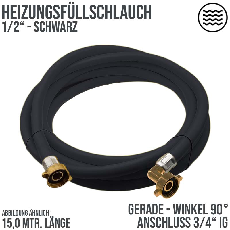 15 m Heizungs Füll Wasser Heizkörper Radiator Sanitär Schlauch schwarz - 3/4" Gerade/Winkel Anschluss - PN 8 bar