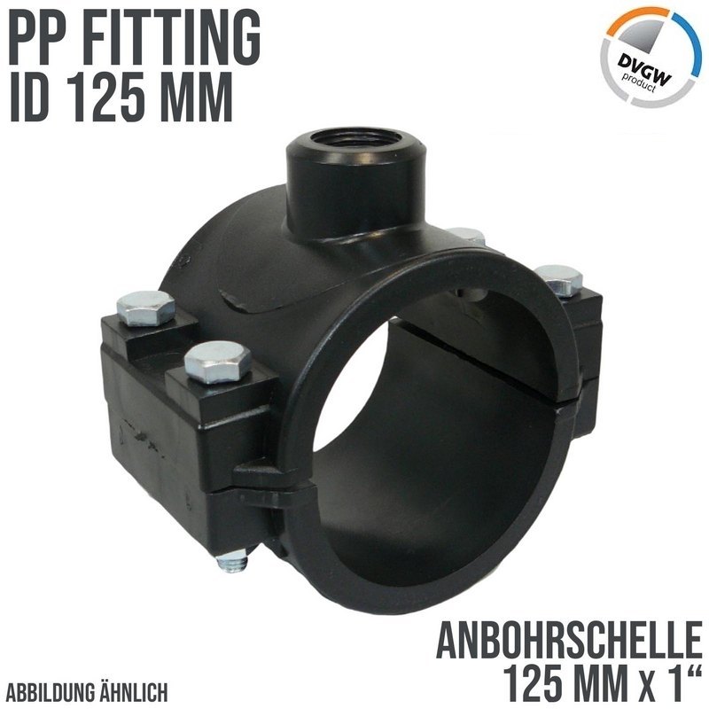 125 mm x 1" PP PE Anbohr Abzweig Schelle Klemmschale x Innengewinde DVGW [PN6]