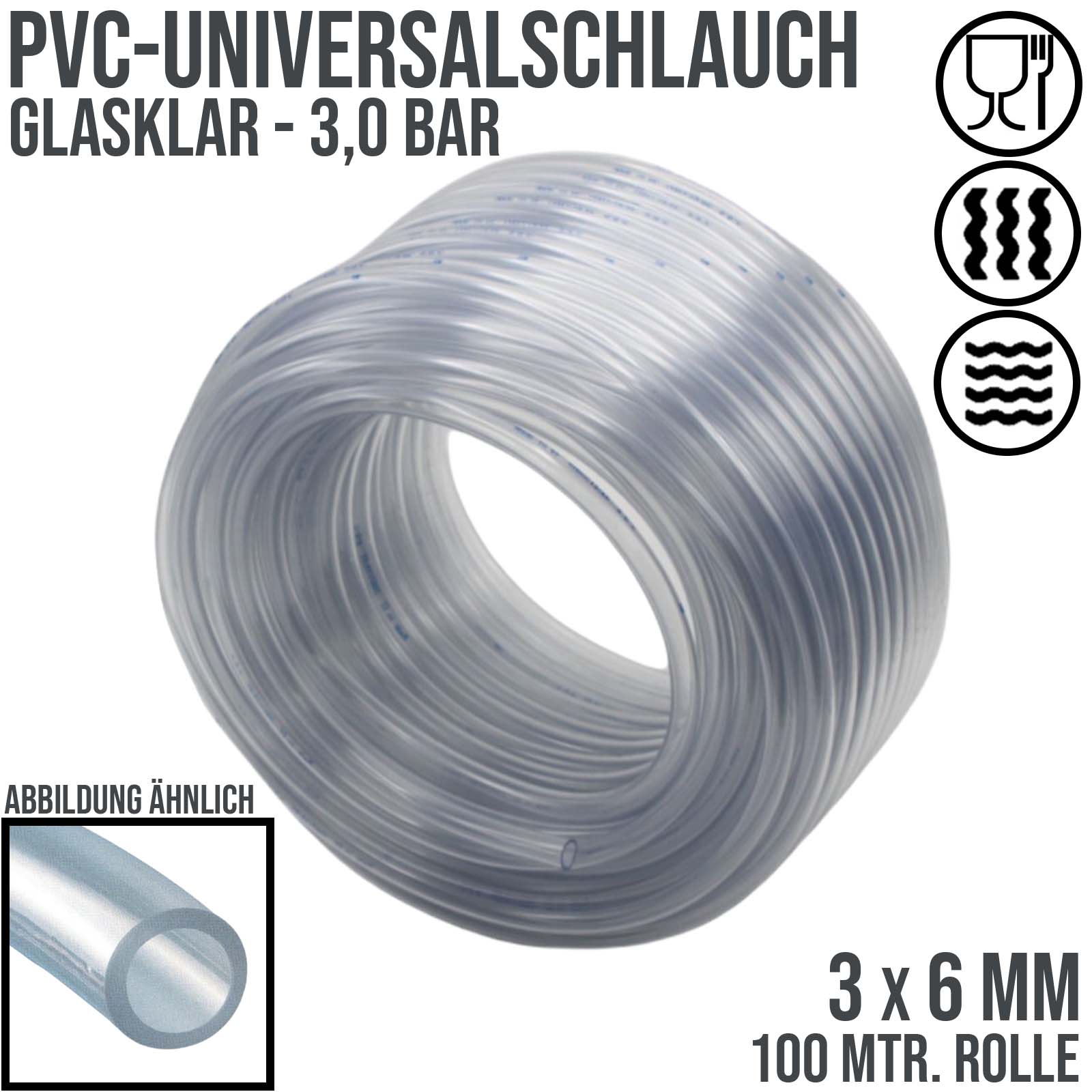 3 x 6 mm PVC Luft Filter Wasser Universal Labor Aquarium Terrarium Schlauch klar durchsichtig - PN 3 bar  - 100 m