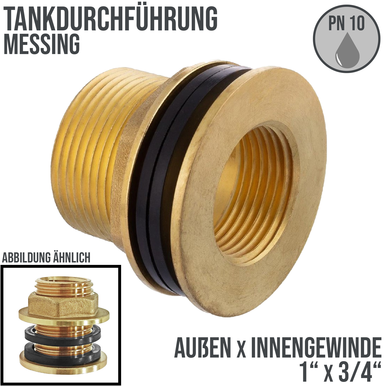 1" x 3/4" Tank Regen Tonnen Durchführung Messing Außen x Innengewinde  - PN 10 bar
