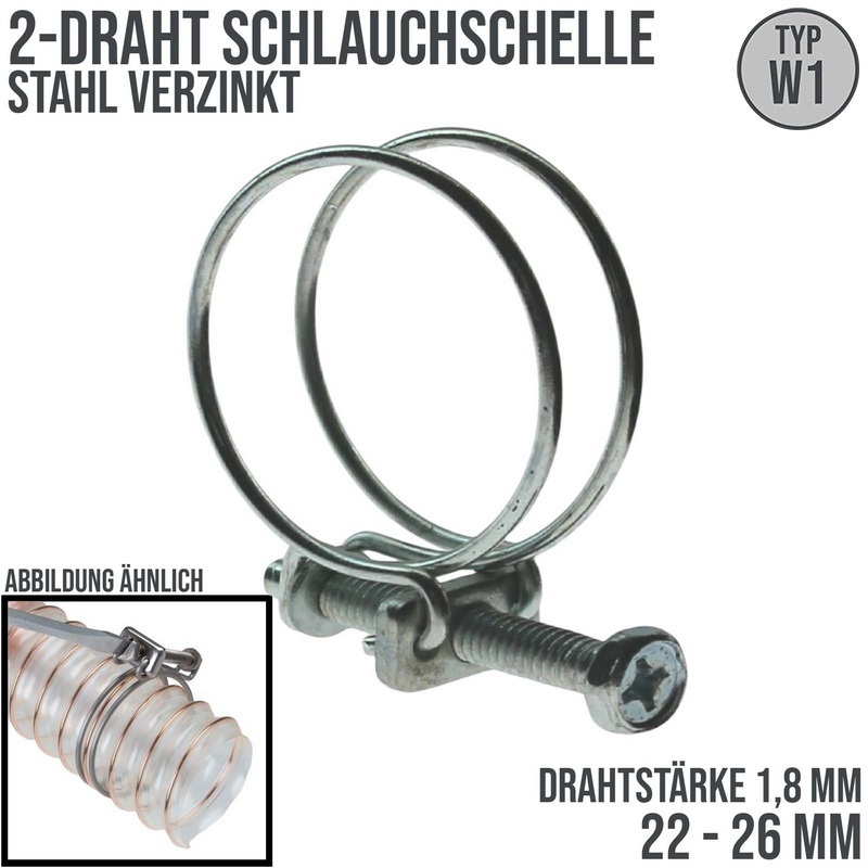 22 - 26 mm 2-Draht Schlauch Schelle W1 Stahl verzinkt Schraube M5 x 30 Draht 1,8 mm