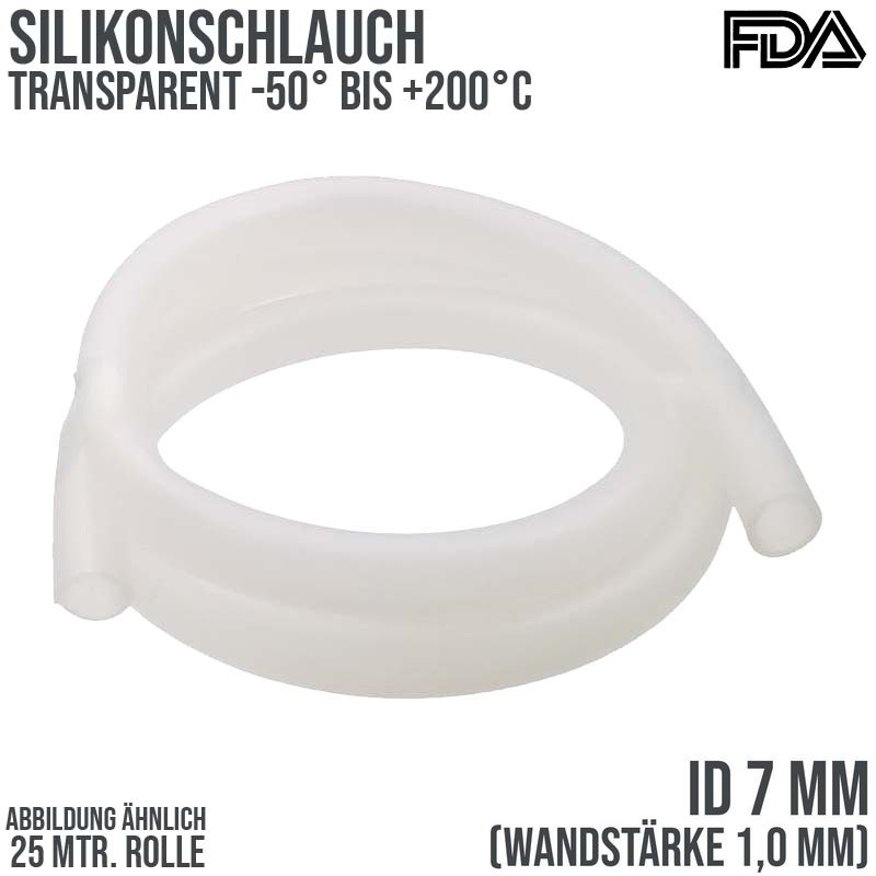 7 x 9 mm Silikon Silicon Milch Schlauch transparent lebensmittelecht FDA 0,31 bar - 25 m