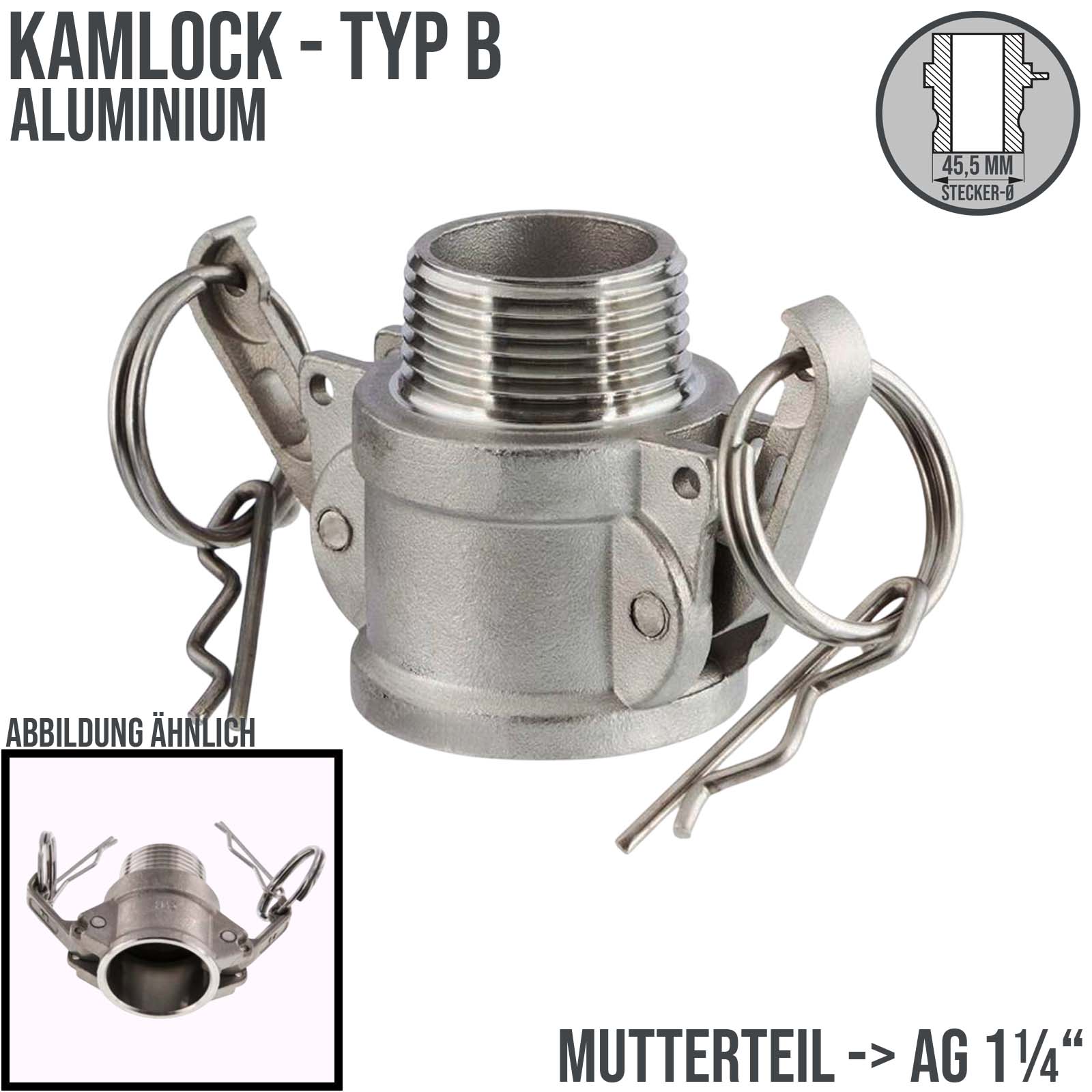 Kamlock Typ B - Mutterteil (45,5 mm) Aluminium ALU mit Außengewinde (AG) 1 1/4" Zoll DN32 - PN 10 bar