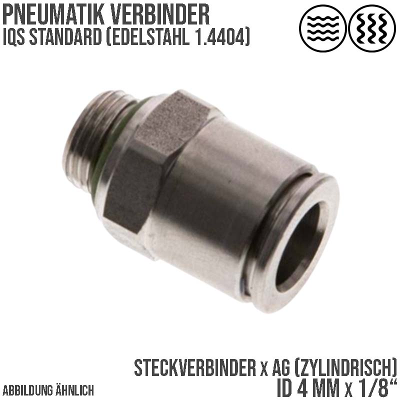 4 mm x 1/8" Pneumatik Schnell Steck Verbinder IQS Edelstahl VA 1.4404 Außengewinde zylindrisch - PN 15 bar