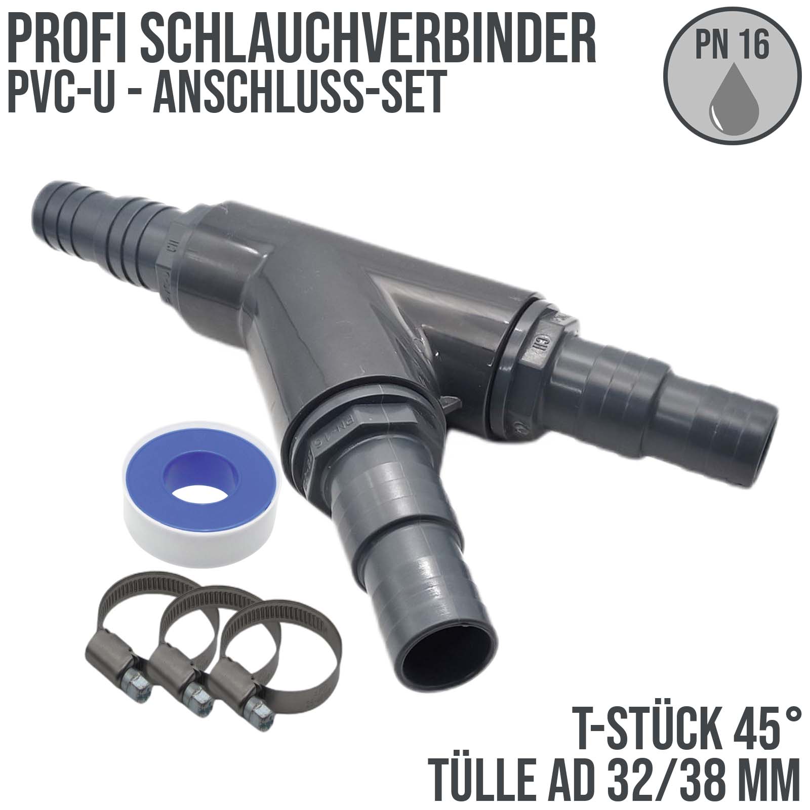32 / 38 mm PVC PROFI T-Stück 45° Schlauch Verbinder Stutzen Tülle Pool Teich Garten - PN 10 bar - Montage-Set