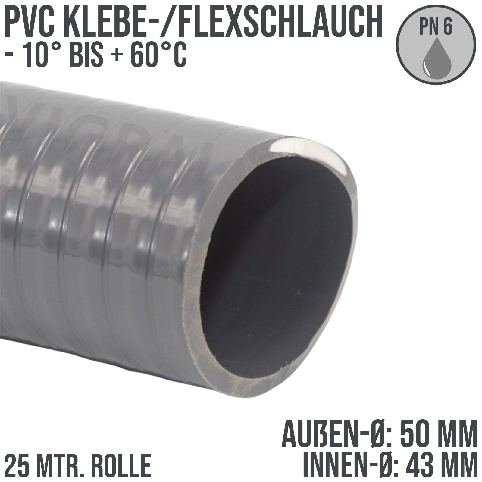 50 x 43 mm PVC Klebe Flex Spiral Schwimmbad Pool Teich Schlauch grau PN 6 bar - 25 m