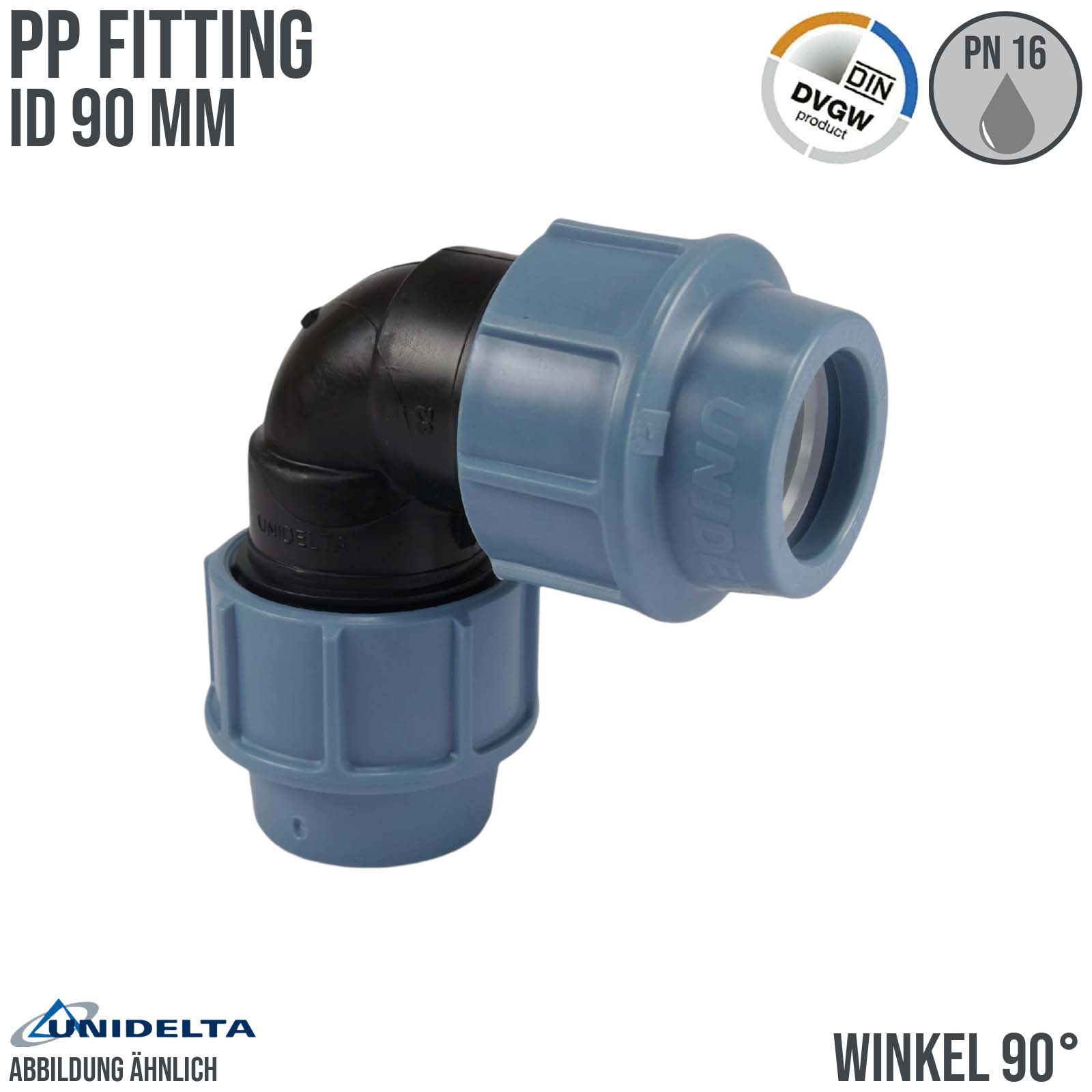 90 mm PE PP Fitting Klemm Verbinder Verschraubung Muffe Rohr Winkel 90° DVGW - Unidelta