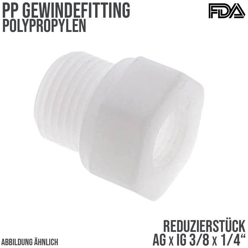 3/8" x 1/4" PP Gewinde Fitting FDA Reduzier Nippel Außen x Innengewinde Verbinder weiß - PN 10 bar