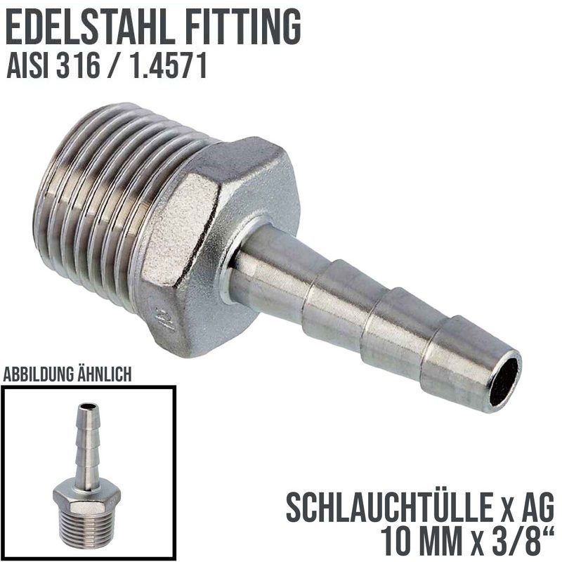 10 mm x 3/8" Zoll Schlauch Tülle Stutzen Außengewinde AG Nippel Edelstahl AISI 316 VA  Fitting - PN 20 bar