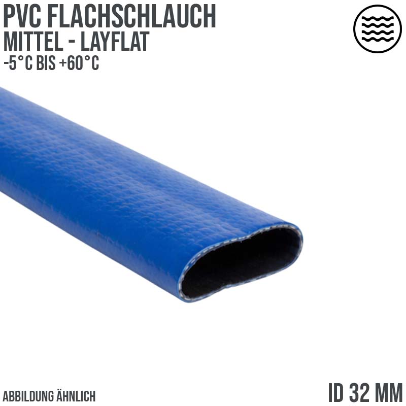 32 mm PVC Flach Schlauch Layflat Wasser Förderung mittel medium duty blau PN 9 bar - 100m