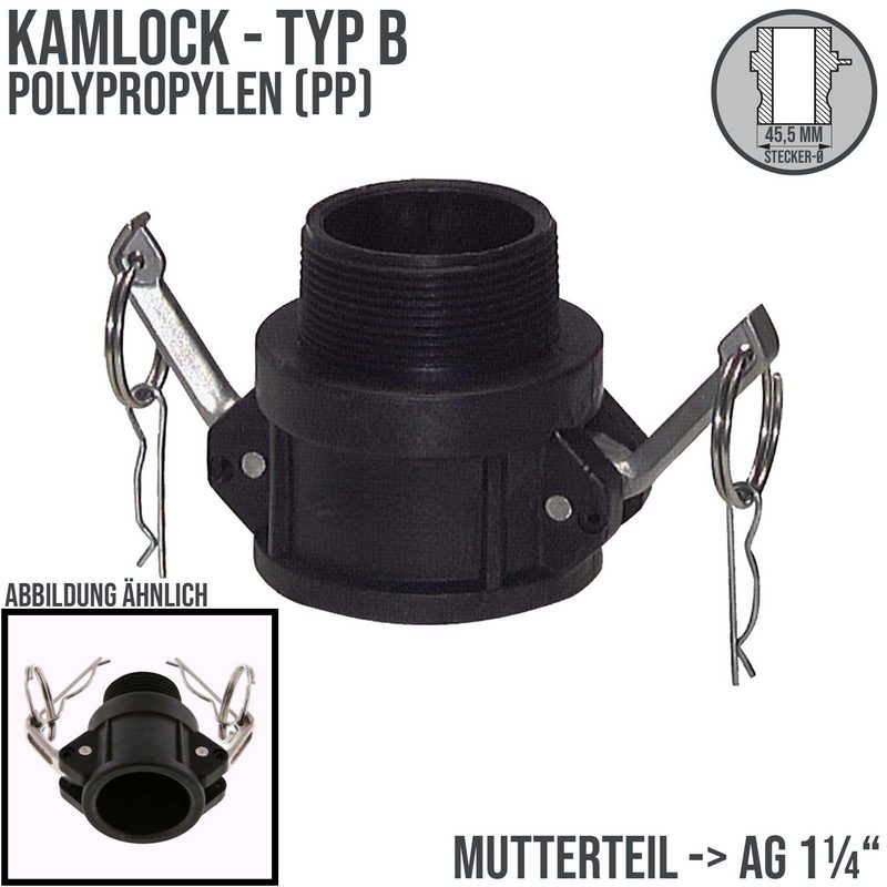 Kamlock Typ B - Mutterteil (45,5 mm) Polypropylen PP mit Außengewinde (AG) 1 1/4" Zoll DN32  - PN 6,5 bar