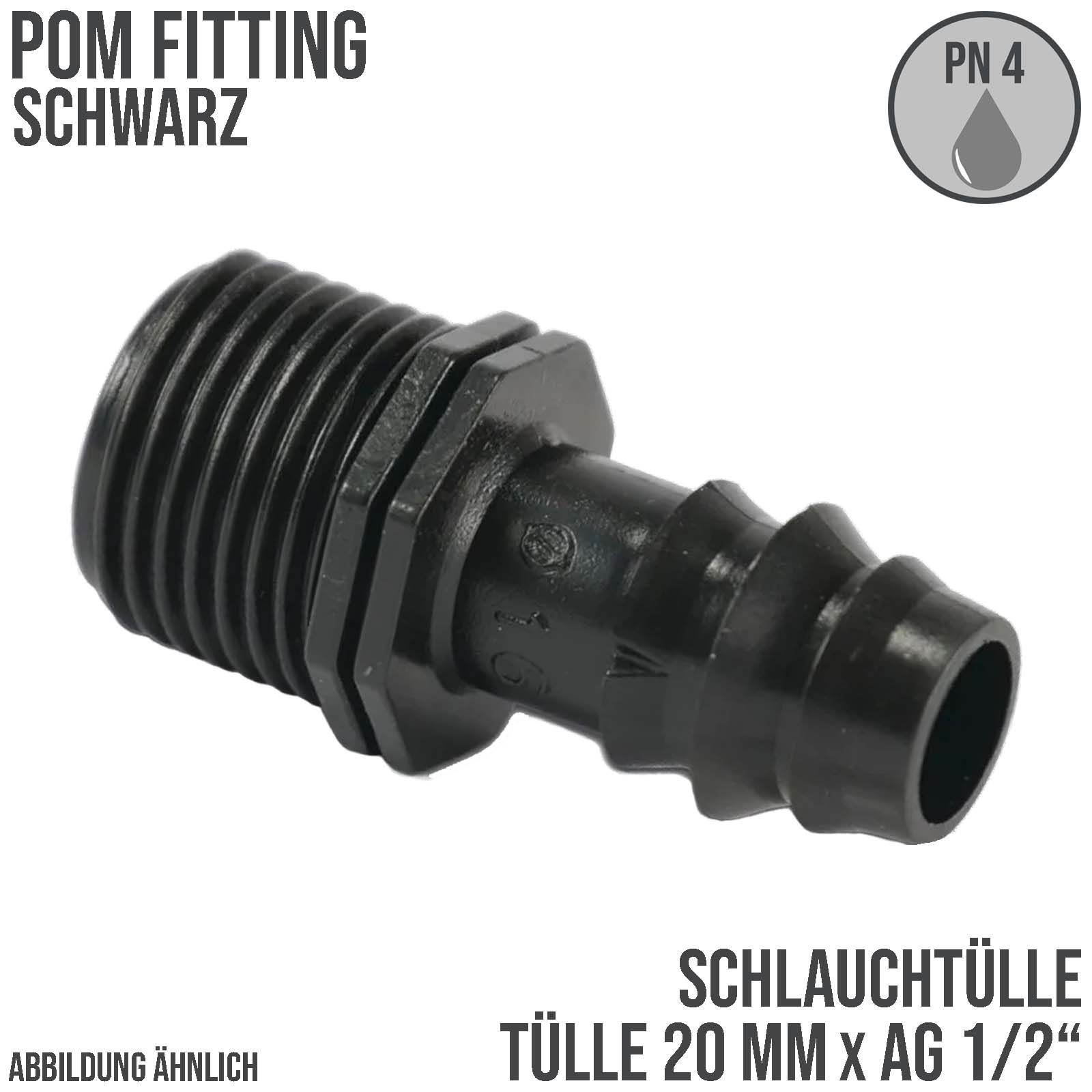 20 mm x 1/2" Schlauch Tülle Verbinder Stutzen Außen Gewinde AG Tropf Fitting schwarz PN 4 bar