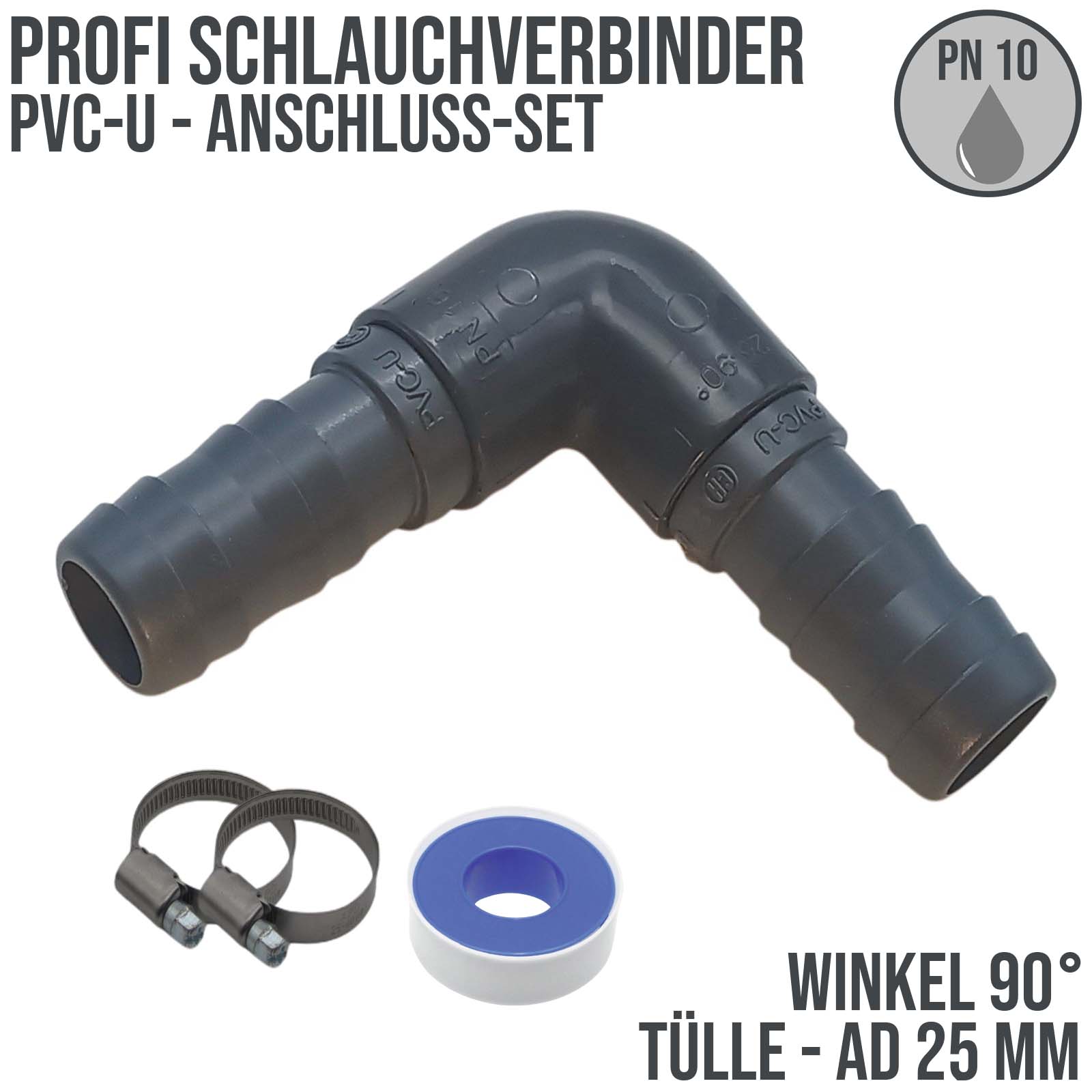 25 mm PVC PROFI Winkel 90° Schlauch Verbinder Stutzen Tülle Pool Teich Garten - PN 10 bar - Montage-Set