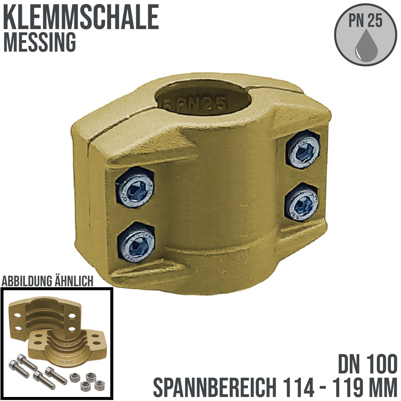 DN 100 Klemmschale Messing Spannbereich 114 - 119 mm für Schlauch ID x AD 100 x 116 mm - PN 25 bar