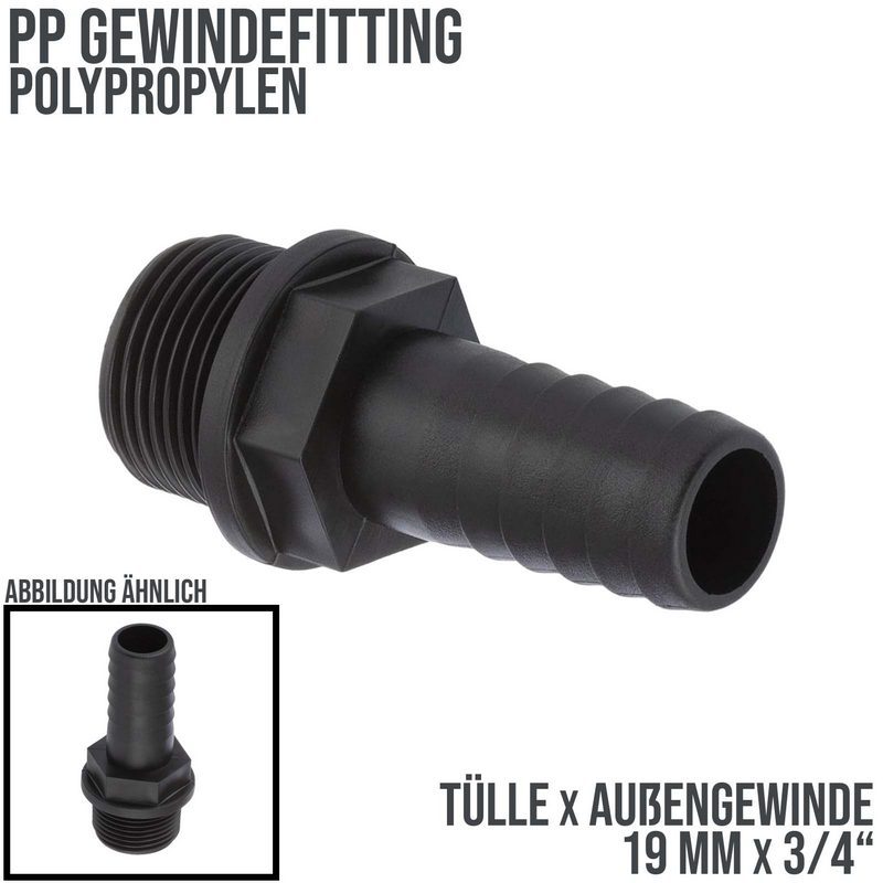 19 mm x 3/4 " PP Gewinde Fitting Schlauch Tülle Stutzen Außengewinde AG - PN 6 bar