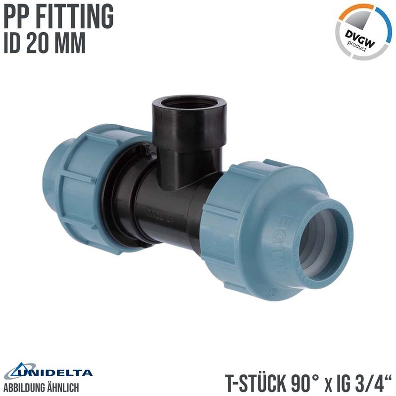 20 mm x 3/4" PE PP Fitting Klemm Verbinder Verschraubung Rohr T-Stück 90° x IG DVGW - Unidelta